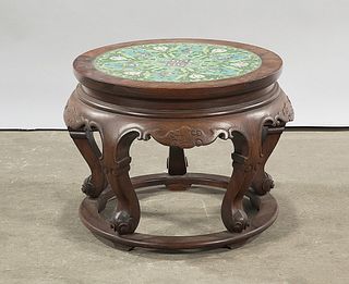 Chinese Cloisonne Inlaid Carved Wood Stool