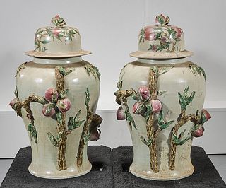 Pair Large Chinese Enameled Porcelain Covered Jars