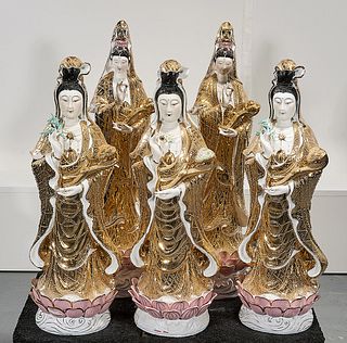 Group of Five Chinese Enameled Porcelain Guanyin Figures