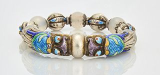 Chinese Enameled Silver and Bead Bracelet