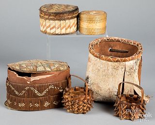 Native American baskets and quillwork boxes.