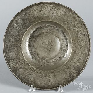Continental engraved pewter charger