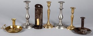 Lighting, to include brass and pewter candlestick