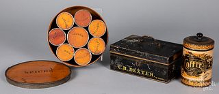 Bentwood spice box, together with two tins