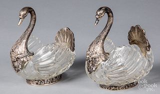 Pair of German silver mounted crystal swan dishes
