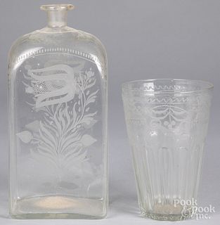 Engraved colorless glass decanter and flip, 19th