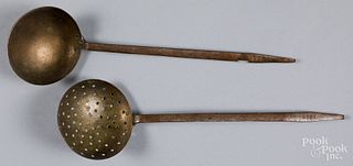 Wrought iron and brass ladle and a straining ladl