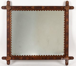 Tramp art frame with mirror, dated 1880