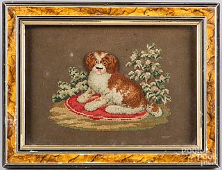 Victorian needlework of a seated dog in shadowbox