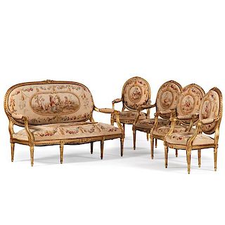 Louis XVI-style Giltwood Parlor Suite with Aubusson Upholstery 