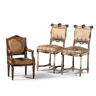 Continental Painted and Parcel-Gilt Side Chairs with Ornamental Carvings, Plus 
