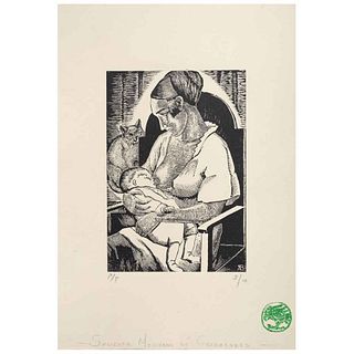 ANGELINA BELOFF, Maternidad, Signed on plate, Woodcut P / I 3 / 10, 5.9 x 3.9" (15 x 10 cm)