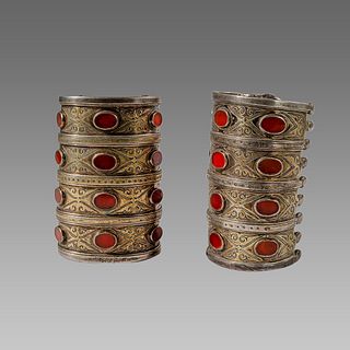 A pair of Islamic Tribal Art Silver Bracelets with Agate stone. 