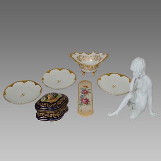 Lot of 7 19th century French and German Porcelain figure, Plates, Box. 