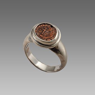 Ancient Byzantine Bronze Coin Set in Silver Ring.