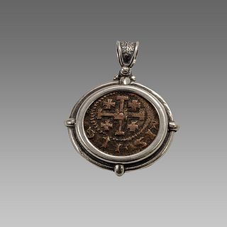 Medieval Crusaders Bronze Coin Set in Silver Pendant. 