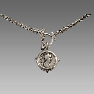 Ancient Roman Silver Denarius coin set in Silver Necklace 138-141 AD. 