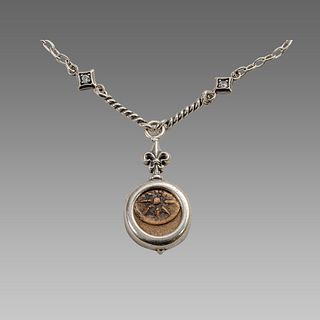 Ancient Widows Mite Bronze coin set in Silver Necklace 103-76 CE.
