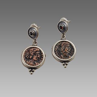 Ancient Roman Bronze coins set in Silver earrings c.3rd century AD. 