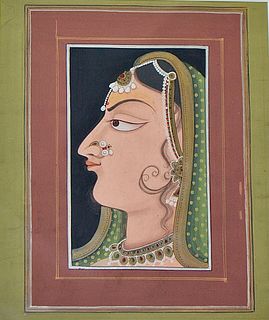 Indian Potrait of a Princess with Jewells and a Sari draped over her head. 
