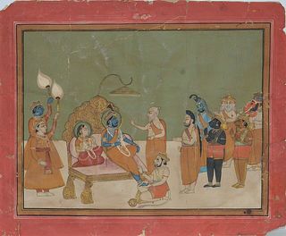 Jaipur, 19th Century RAM DARBAR . A Painting on gouache of Ram and Sita 