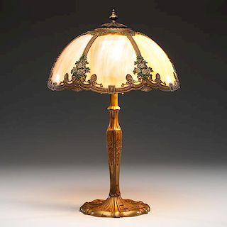 Slag Glass Table Lamp with Painted Metal Overlay 
