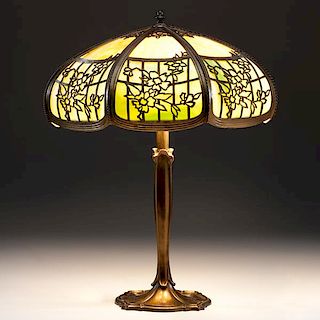 Slag Glass Table Lamp with Metal Overlay 