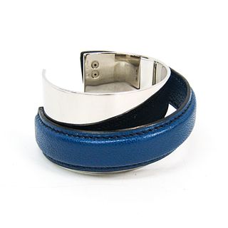 Hermes Leather,Metal Cuff Bracelet Blue,Silver