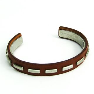 Hermes Leather Bangle Brown,Silver
