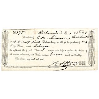 1849 Rare Partially-Printed Richmond, Virginia Bill of Sale for: One Negro Slave