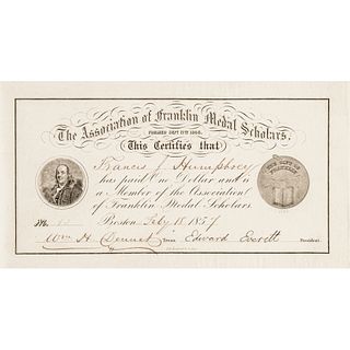 1857 EDWARD EVERETT Signed as Association of Franklin Medal Scholars President