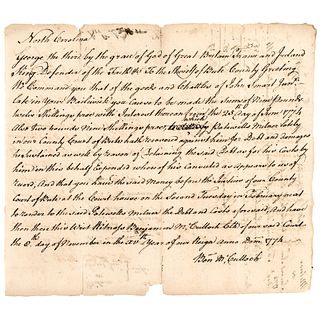 1774 North Carolina Doc. Signed by Continental Army General Jethro E. Sumner 