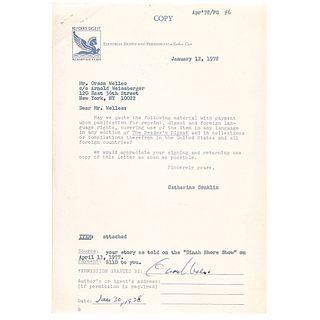 ORSON WELLES Signed, Dinah Shore Show 1977, Use of a Story - Permission Ganted