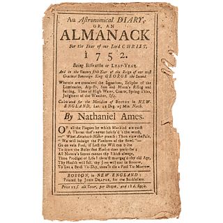 1752 ALMANACK by Nathaniel Ames, Boston with Advice Against Drinking!