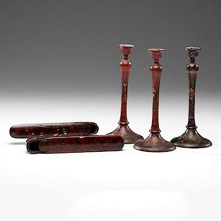 Persian Lacquer Candlesticks and Pen Cases 
