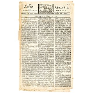 1770 Paul Revere Masthead Boston Gazette Newspaper Prior to the Boston Massacre!