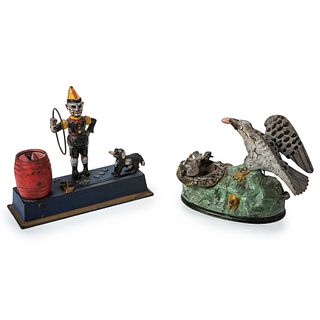 Two Cast-Iron Mechanical Banks: Trick Dog and Eagle and Eaglettes