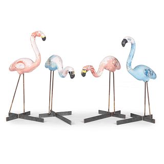 Four Cast Cement and Iron Pool Flamingos