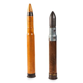 Two Wood and Metal Dummy Round Artillery Shells