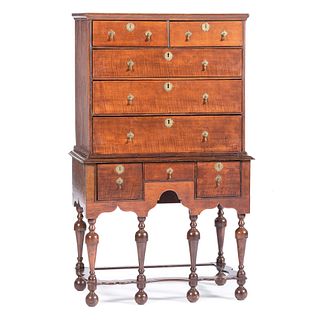 A William and Mary Figured Cherrywood and Oak Flat Top High Chest of Drawers, Mid-Atlantic States, circa 1750