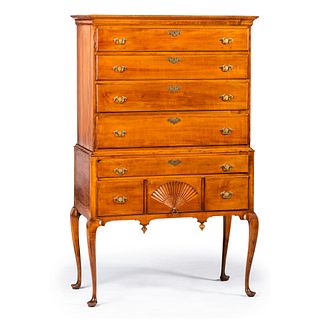 A Queen Anne Pine and Carved Maple Flat-Top High Chest, Likely Connecticut, Circa 1770