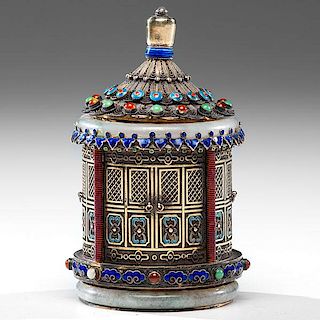 Chinese Silver, Jade and Enamel Tea Caddy 