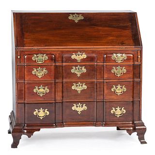 A Chippendale Carved Mahogany Block-Front Slant-Front Desk, Likely Boston, Massachusetts, Circa 1760