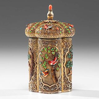 Chinese Silver and Enamel Tea Caddy 