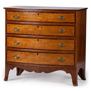 A Federal Tiger Maple, Cherrywood and Mahogany Bow Front Chest of Drawers, New England Circa 1800