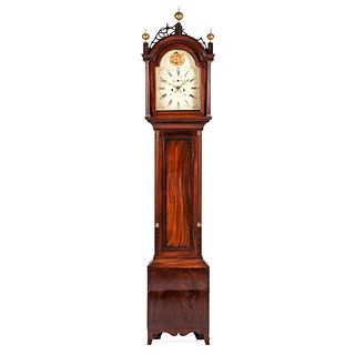 A Federal Mahogany Arched and Pierced Bonnet Tall Case Clock, Circa 1800