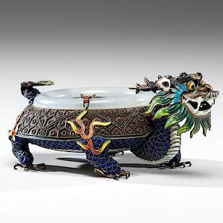 Chinese Silver, Jade and Enamel Beast Form Bowl 
