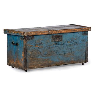 A Continental Blue Painted Iron Mounted Pine Blanket Chest, Circa 1800