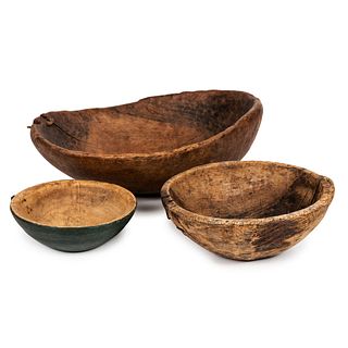 Three Carved Wooden Bowls