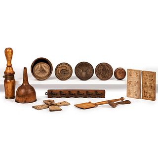 Nine Carved Wooden Molds and Other Kitchen Articles